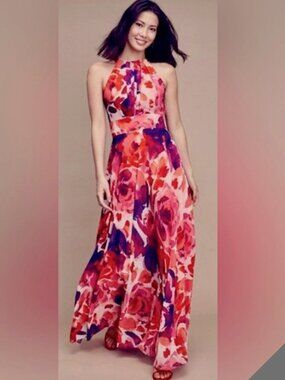 Eliza J Pink Floral Halter Neck Chiffon Maxi  Dress Sz 6  Dry Cleaned!